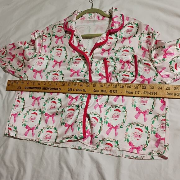 Christmas Shorty Set Santa Pink Bows Silky Soft Look Unworn 3/4-Ruffled-Sleeves - Picture 7 of 11